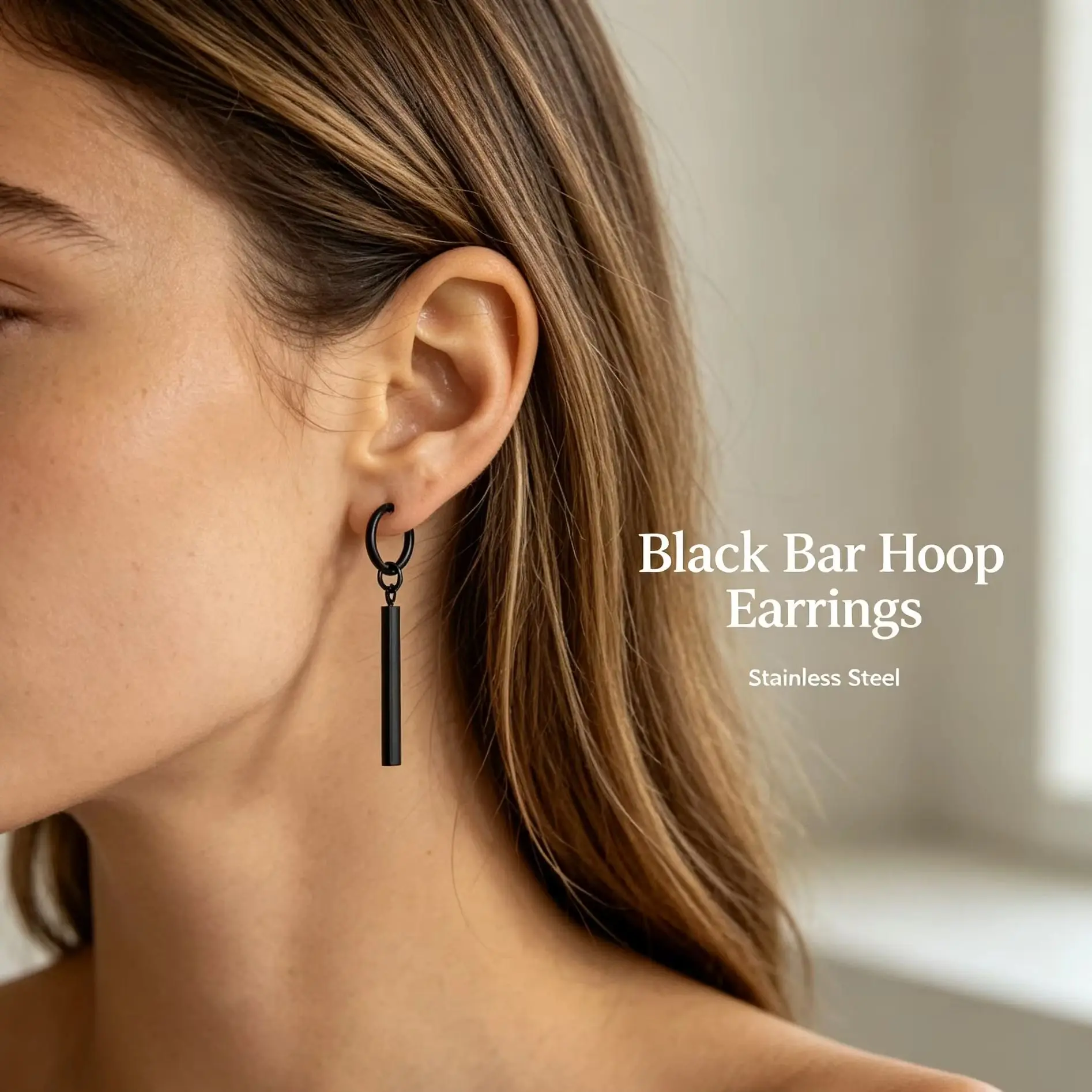 3 Pairs Wholesale Stainless Steel Black Hoop Earrings Vertical Bar Drop Dangle Earrings Bulk Jewelry For Men Women
