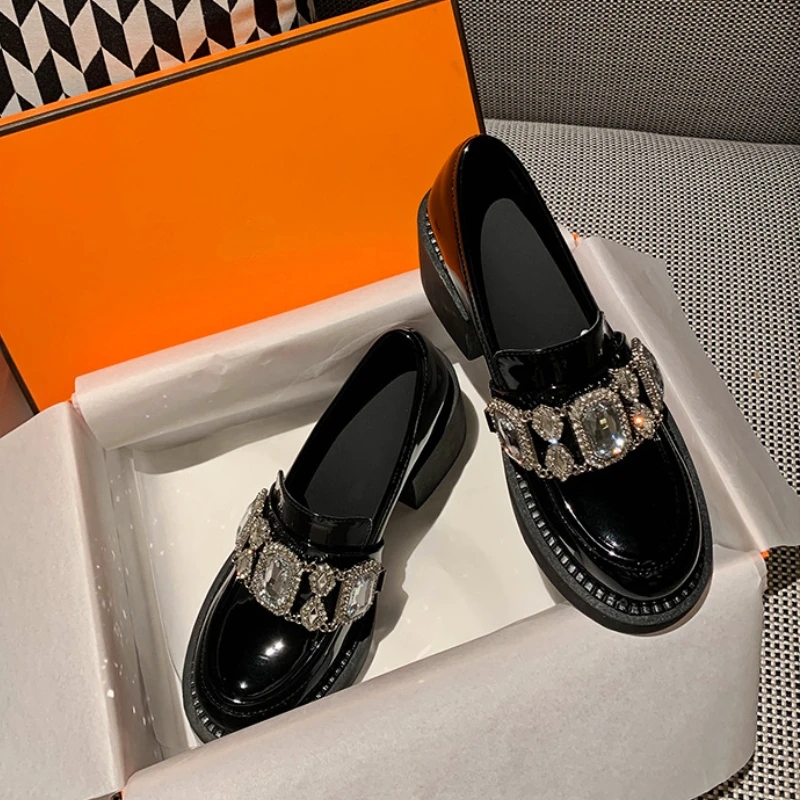 Rhinestone Platform Mary Jane Shoes Women Pumps New Black Thick Bottom Loafers JK Uniforms Fashion Crystal Chunky Loafers Female