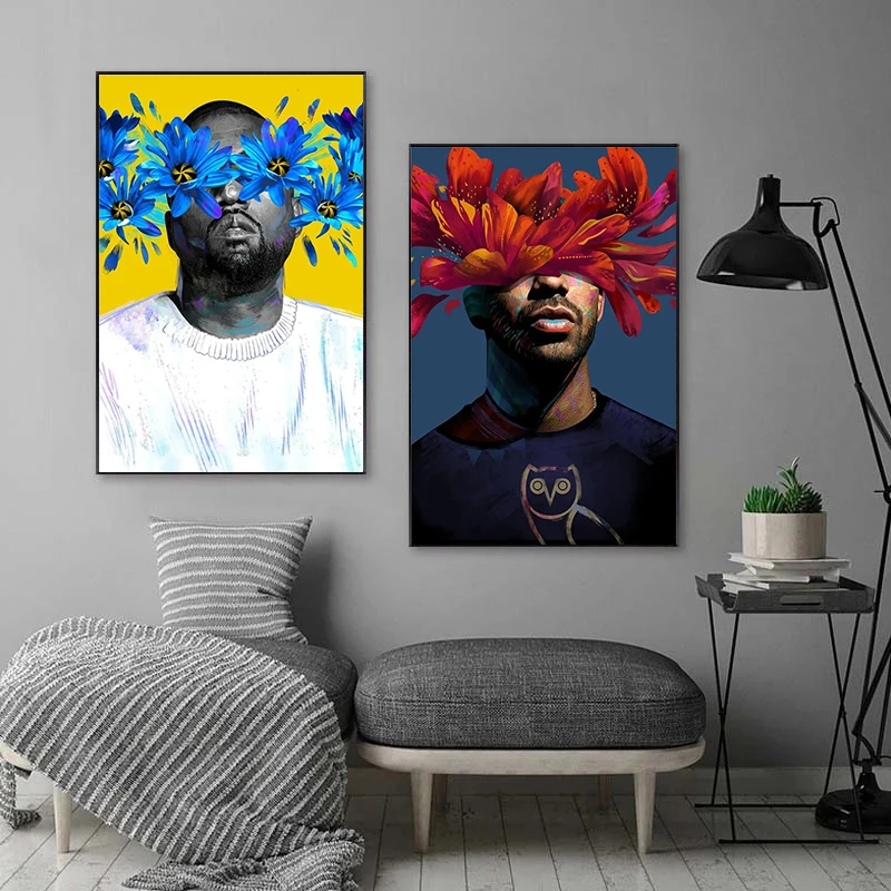 Abstract Hip Hop Rapper Flowers Face Canvas Painting Wall Art Posters Prints Wall Pictures on Canvas for Living Room Home Decor