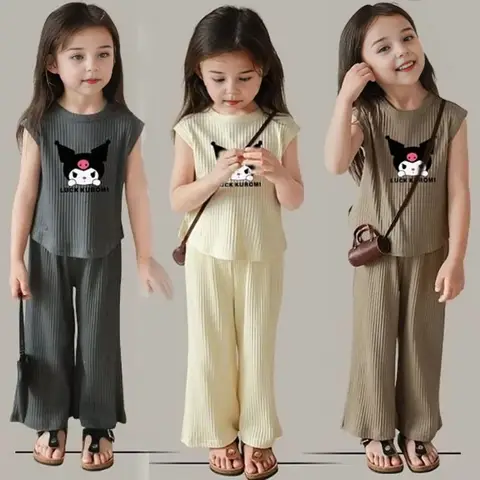 여름 Kuromi Anime Kawaii 베이비 아이스 실크 민소매 조끼 탑 바지 두 세트 귀여운 만화 어린이 옷 선물 어린이를위한