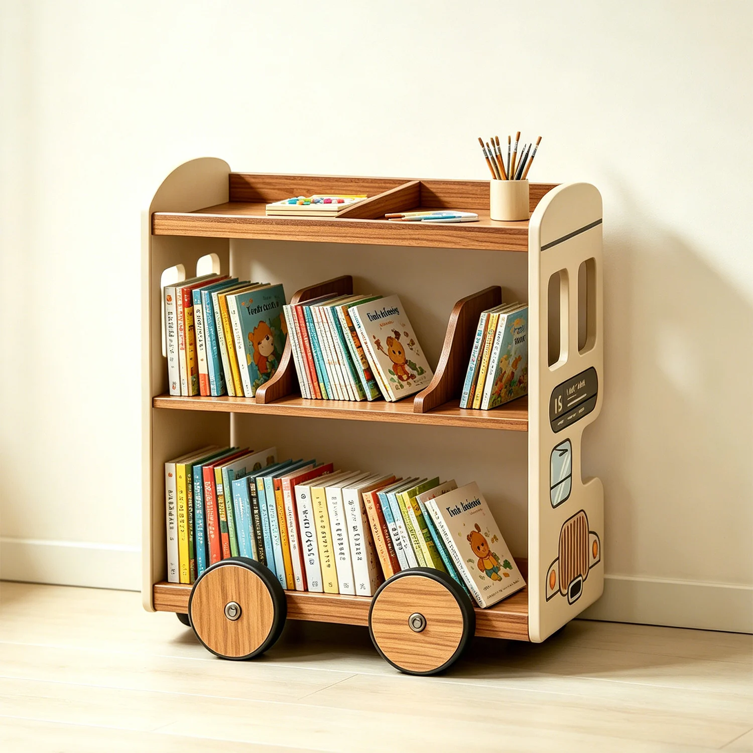 Custom Children's Furniture Wooden Bookcase with Wheels Movable Car Shape Children's Bookshelf