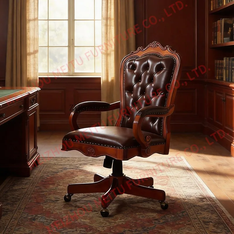 Tufted Leather Swivel Chair High Back Cherry with Nail Head Decorative Roller Office Chair Vintage Home Office Chair