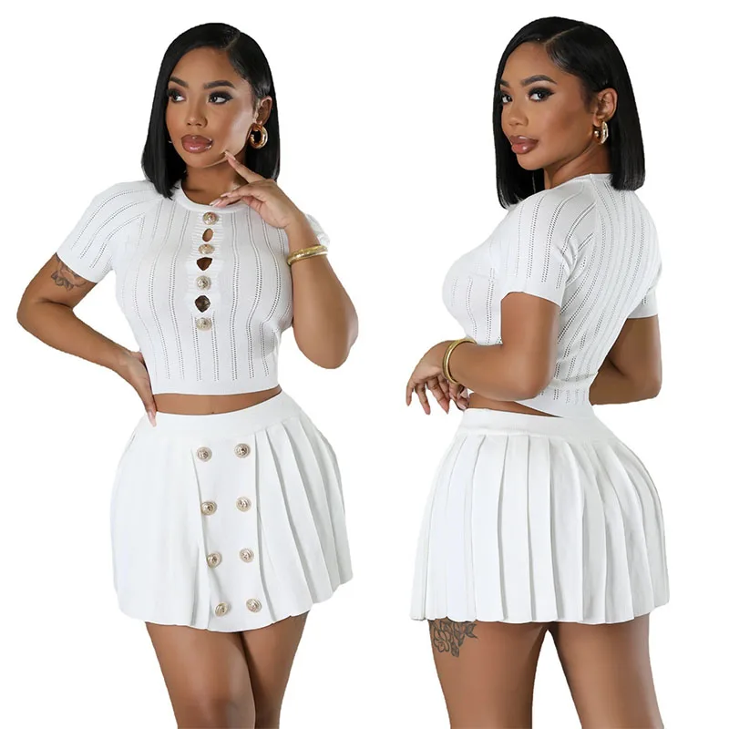 Fashion Streetwear Women Hollow Knitting Round Neck Short Sleeve Crop Top And Pleated Mini Skirts Two Piece Sets 2024