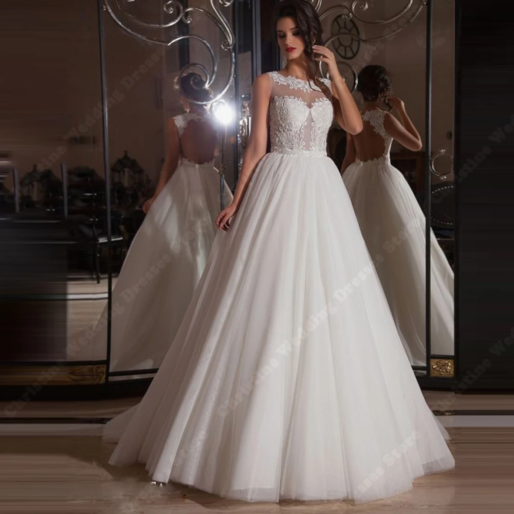 

Round-Neck Women Wedding Dresses Shining Lace Flower Print Sleeveless A-Line Bridal Gowns Customized Banquet Vestidos De Novia
