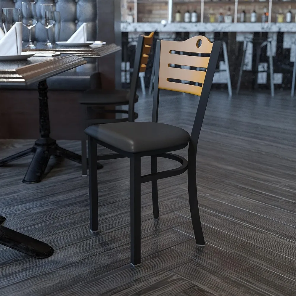 

Black Slat Back Metal Dining Chair/Natural Back, Black Vinyl Seat