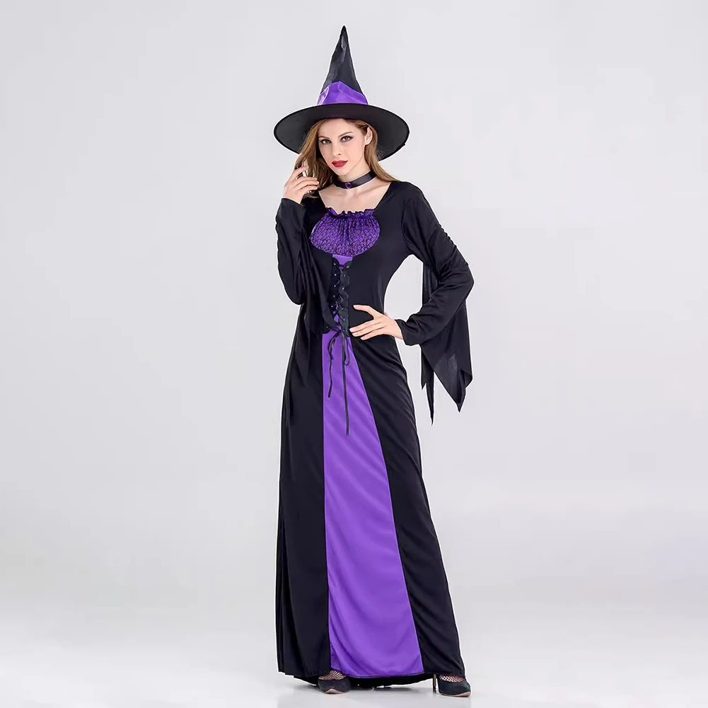 Women Ladies Halloween Witch Dress Role Play Long Skirt Cosplay Costume Mopping Dress+Hat+Neck Ring Square Collar