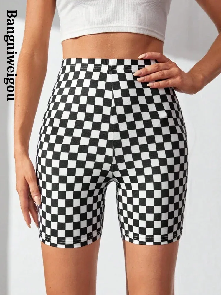 Bangniweigou Biker Shorts Cycling Black&white Checker Printed Fitness Jogging Bottoms Plaid