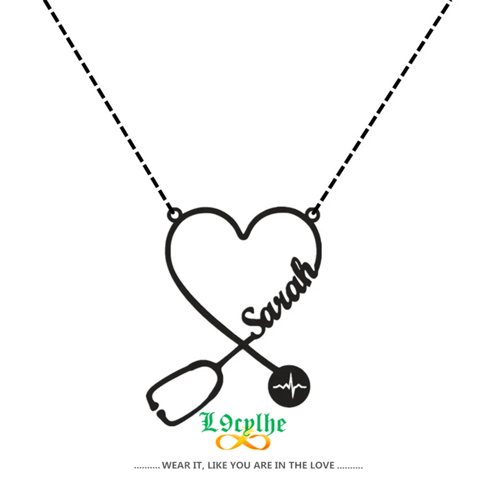 Medical Jewelry Custom Name Stethoscope Necklace Women Nurse Doctor Personalized Nameplate Heart Necklaces Best Friends Gift