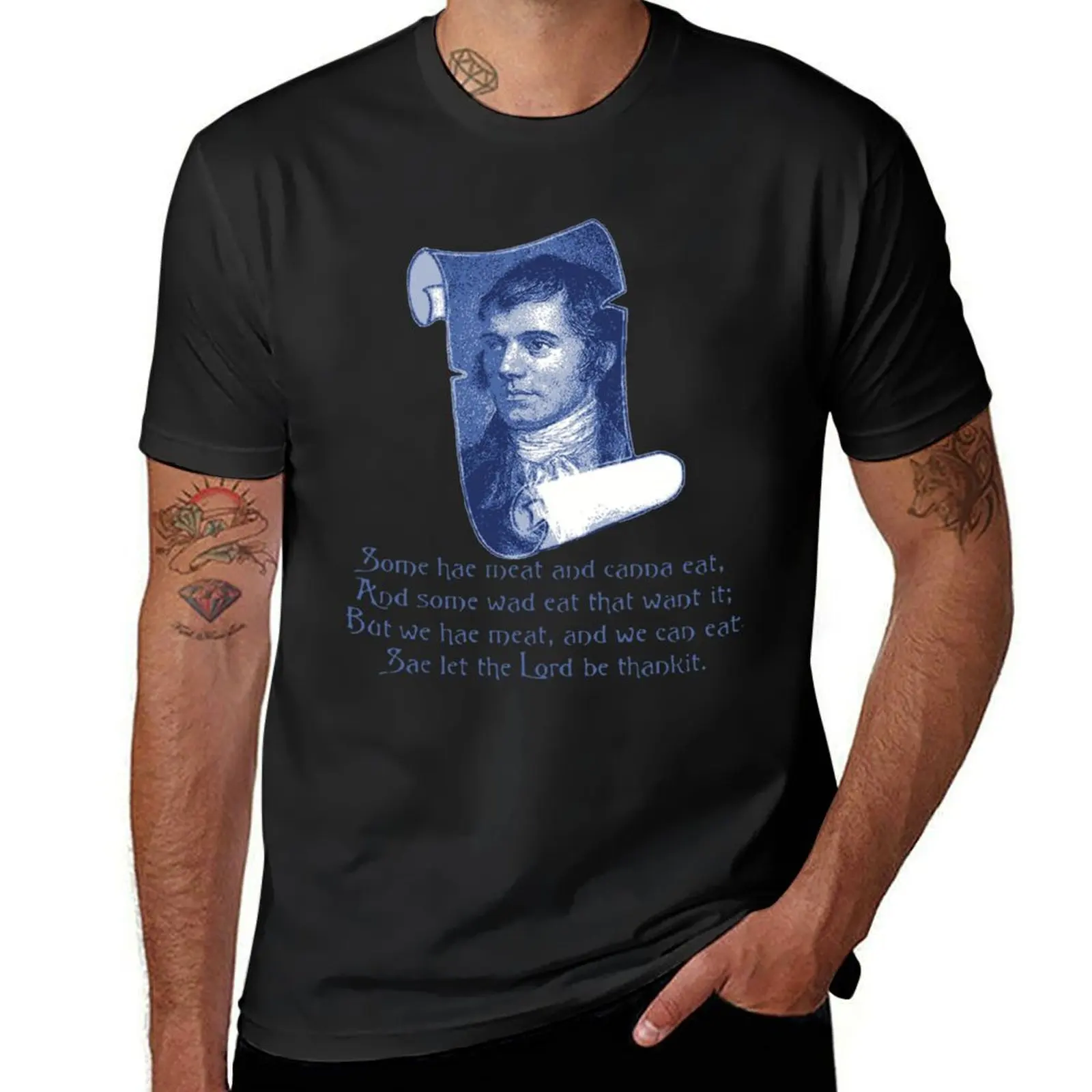 The Selkirk Grace Burns Night Supper Prayer In Blue T-Shirt tees shirts graphic tees t shirts for men graphic