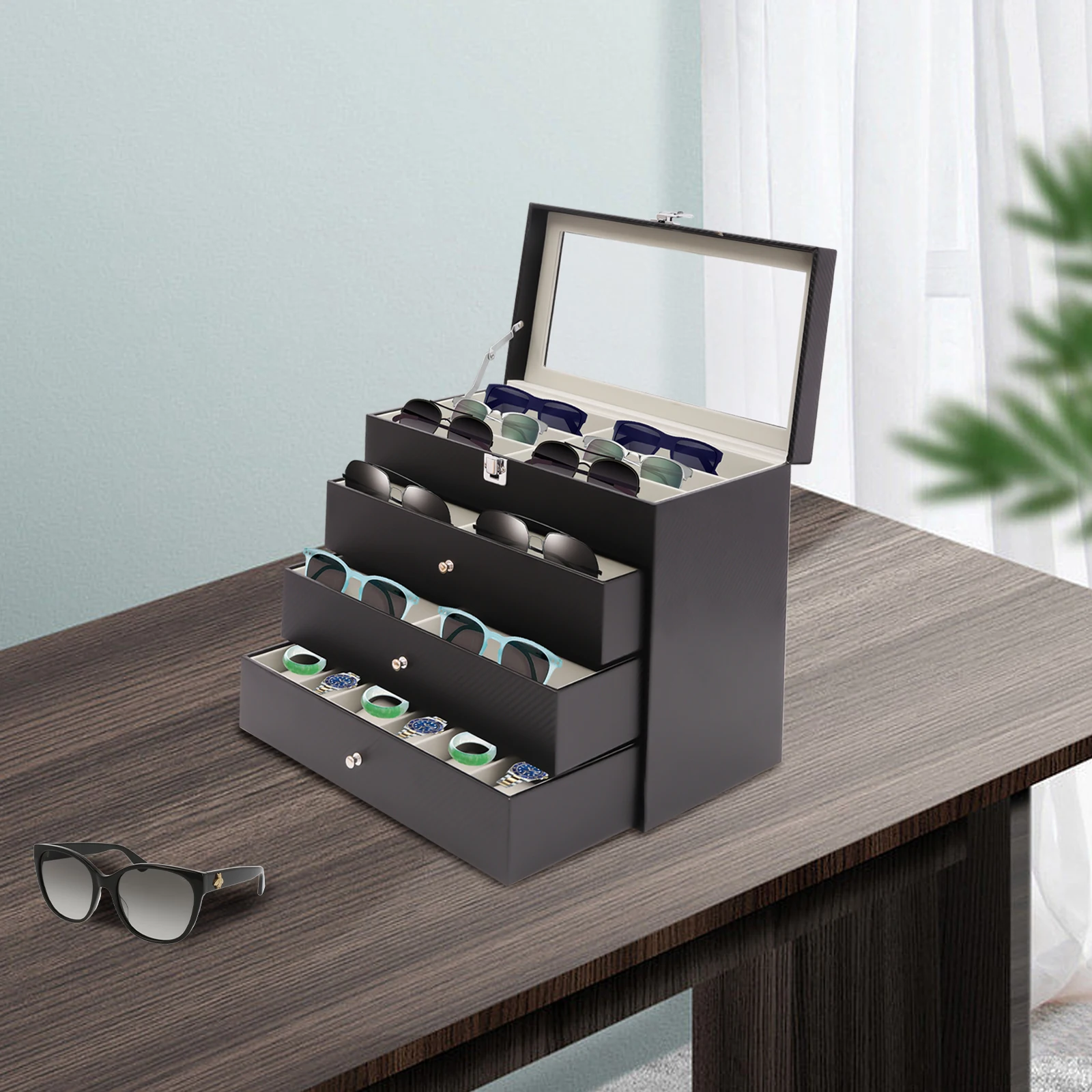 4 Tier Black Eyeglasses Storage and Sunglass Glasses Display Drawer Lockable Case Organizer with Scratch-resistant Glass Top