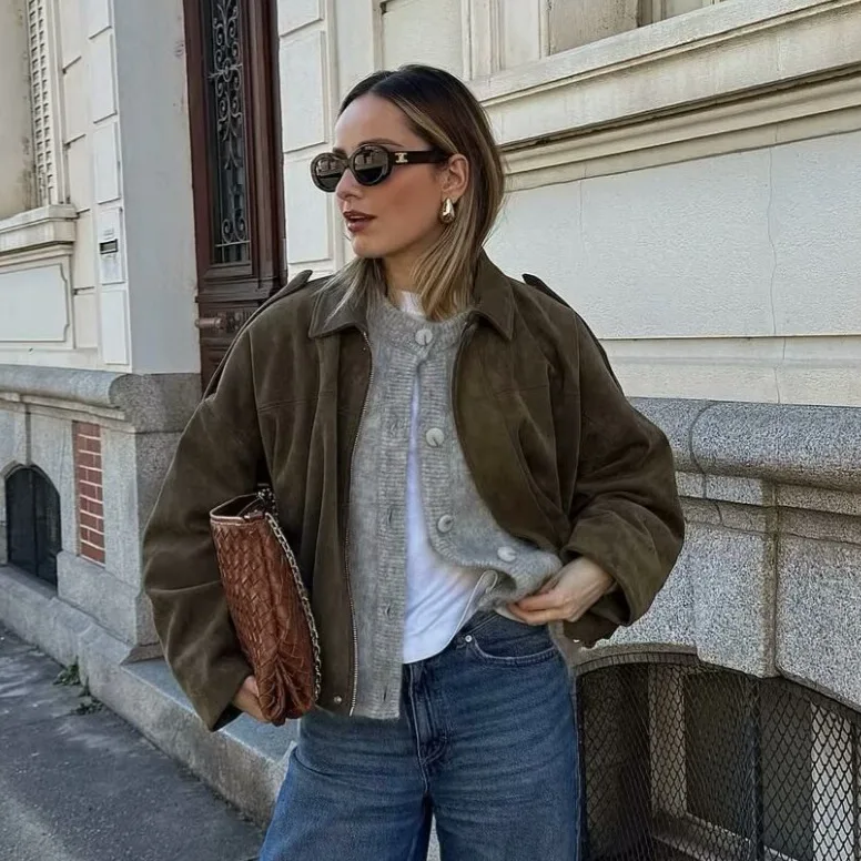 European and American Style 2025 Spring and Autumn Casual Suede Texture Lapel Bomber Jacket Jacket Women