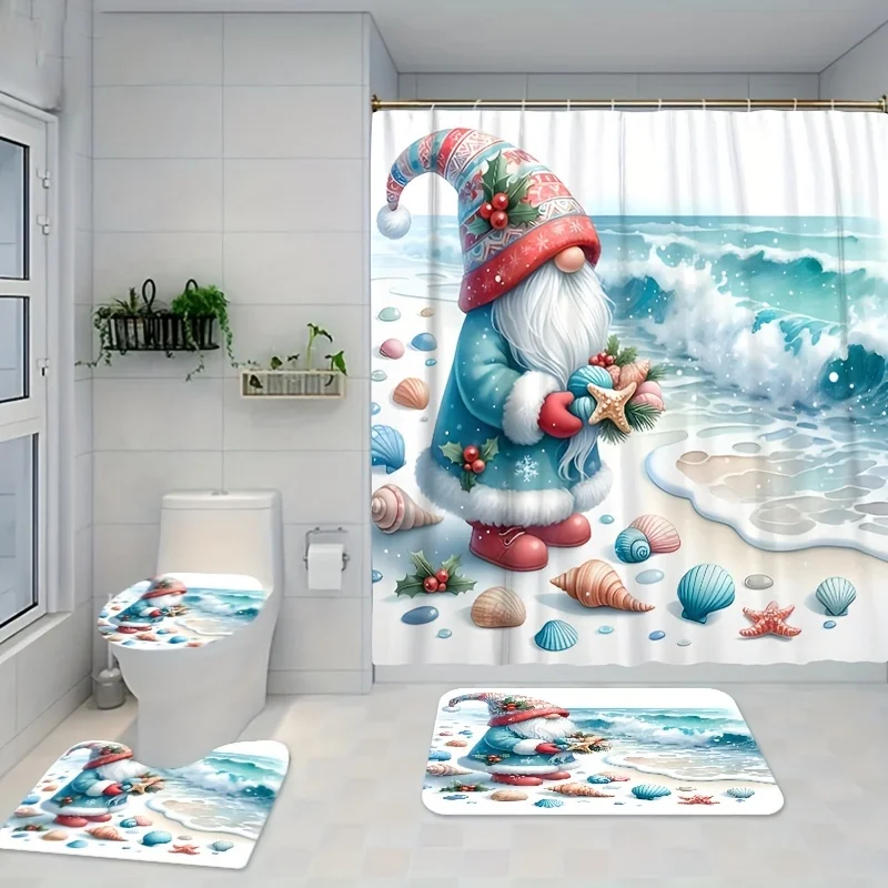 Coastal Christmas Gnome Bathroom Set Seashell Design, Includes Machine Washable Fade-Resistant Bath Accessories with Hooks,