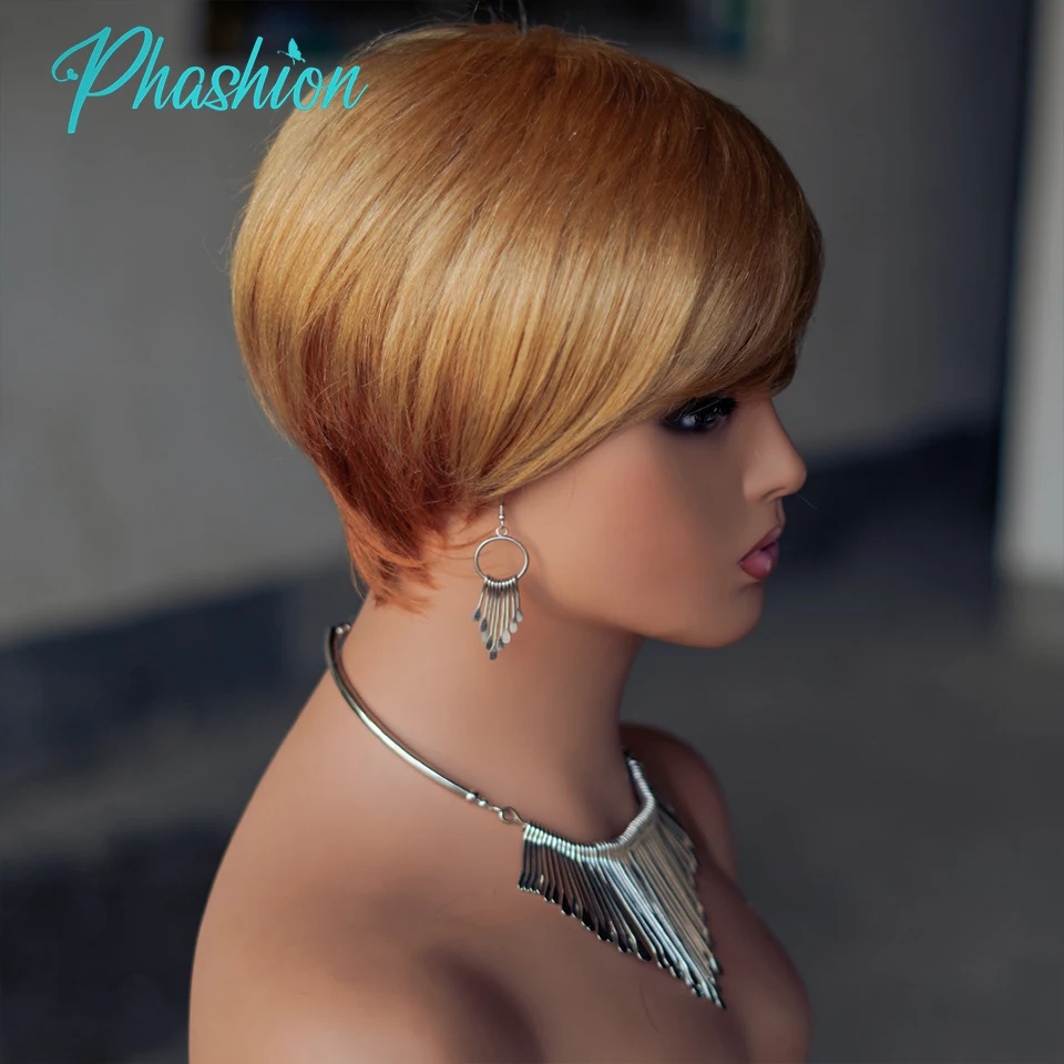 Phashion-Peluca de cabello humano con flequillo para mujer, pelo corto y liso, corte Pixie, brasileño, Remy, barato, sin pegamento, color 27/30