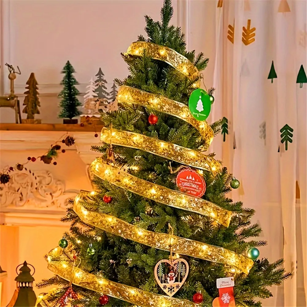 2-10M Christmas Bow Decoration Golden Christmas Ribbon Fairy String Lights for Home Party Christmas Tree and Gift Decor