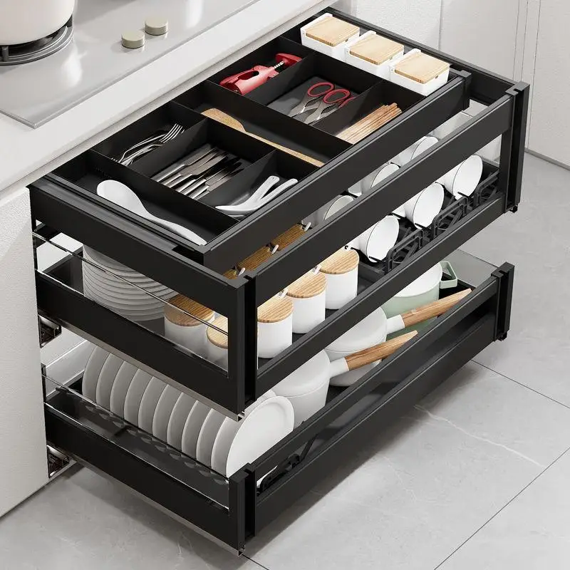 Drawer-type basket kitchen cabinet double three-layer tool dish rack aluminum alloy drawer cabinet storage intelligence