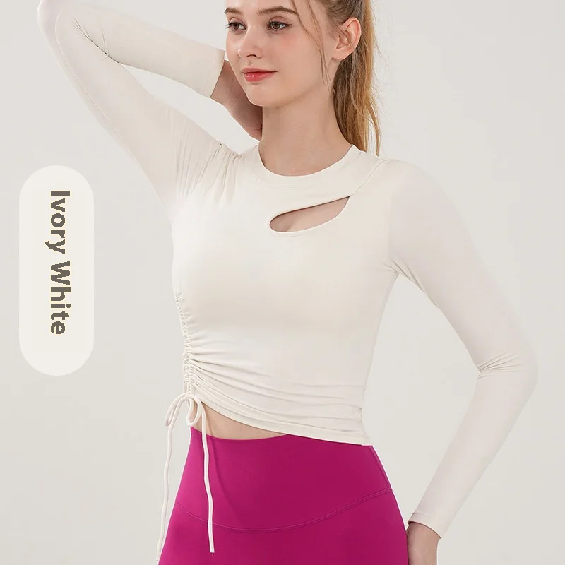 

Premium Drawstring Yoga Top for Women, Long-Sleeve Slim-Fit Running Shirt with Built-in Bra, Elegant Pilates & Gym Workout Top