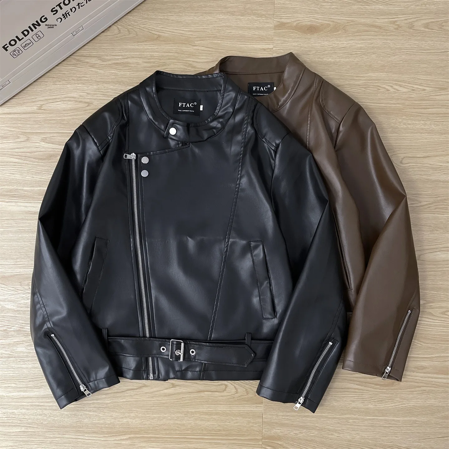 

American Retro Motorcycle oulder Padded Leather Jaet Men's Trendy Cool Loose Stand Collar Slant Zipper Couple's Leather Coat