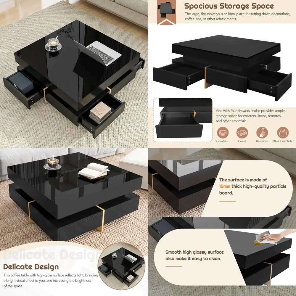 

Modern High Gloss Coffee Table with 4 Drawers, Multi-Storage Square Center Cocktail Table featuring Wood Grain Finish