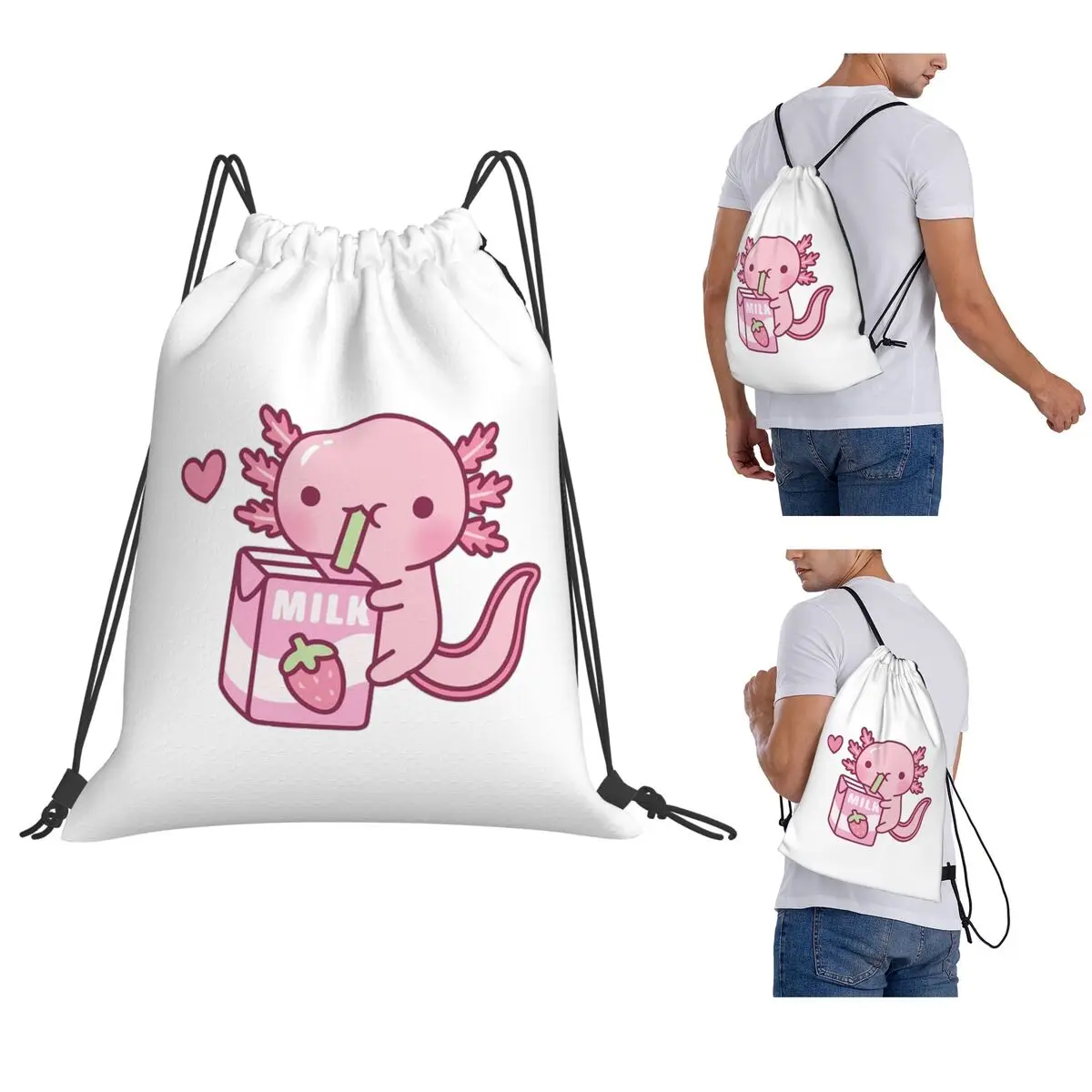 Cute Axolotl Loves Strawberry Milk Doodle Backpacks Portable Drawstring Bundle Pocket Sports Bag Book Bags for Man Woman School
