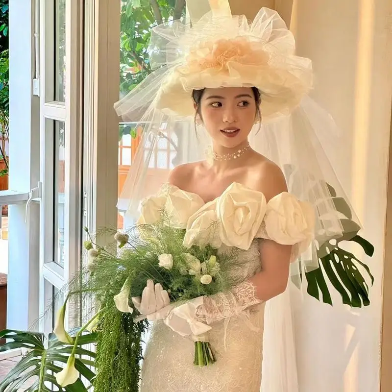 French Style Studio Weddings Photos Props 3D Flower Wedding Hat Puffy Lace Veil Vintage Champagne Color Woman Bride Hats