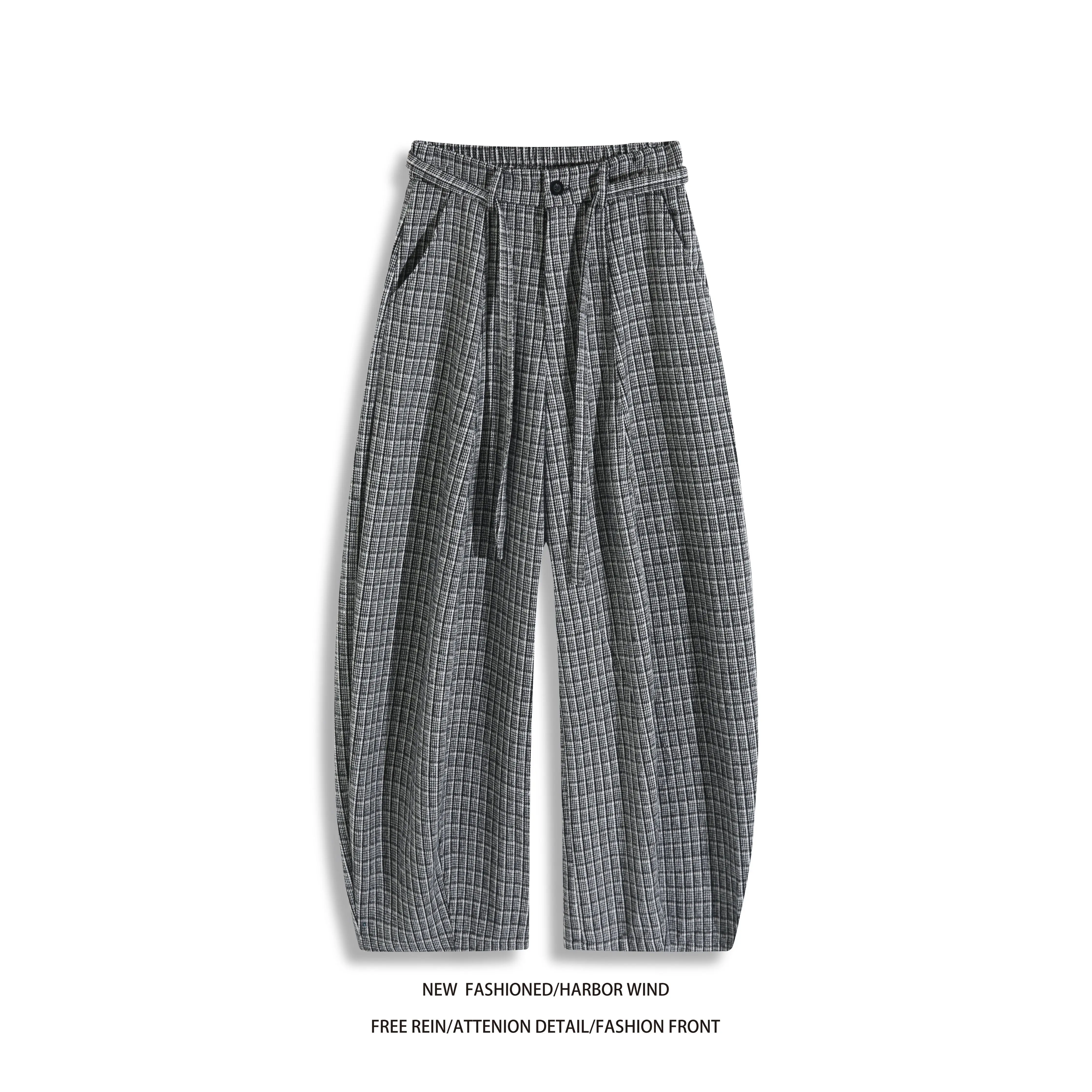 Men's Wool Blend Baggy Balloon Pants 2026 Autumn Winter Textured Plaid Loose Wide Leg Trousers Elastic Waist With Sash Streetwea