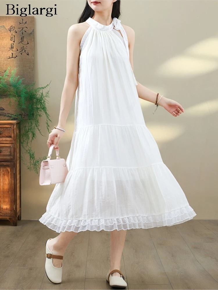 

Oversized Summer Sleeveless Dress Women Lace Embroidery Patchwork Fashion Ruffle Pleated Sweet Ladies Dresses Loose Woman Dress