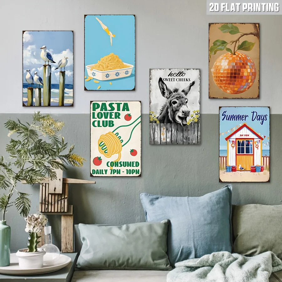 

6 шт. винтажные металлические жестяные таблички для декора стен - Летний пляж в стиле ретро 80-х годов, дискотеки и железные таблички с итальянской тематикой и предварительным сверлением