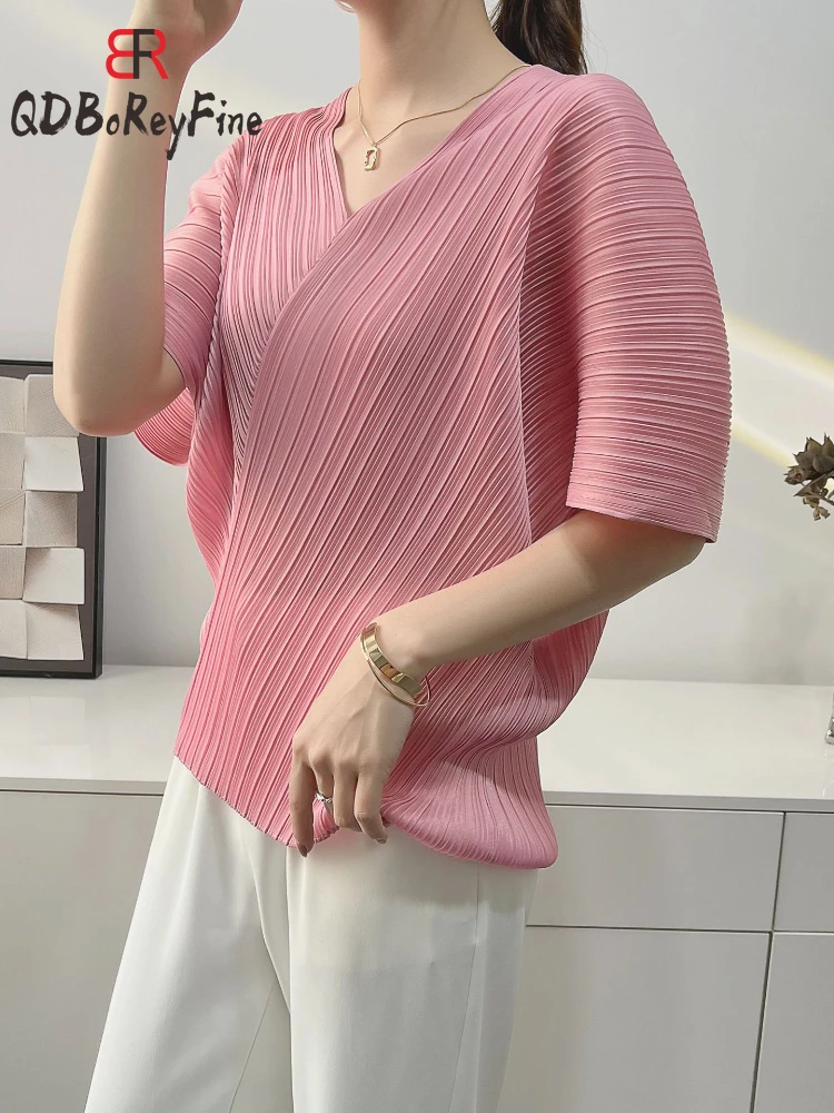 Summer Women T-Shirts Short Sleeve Crop Tops Elegant Office Ladies Korean Fashion V-Neck Pleaded Oversized T Shirt for Women