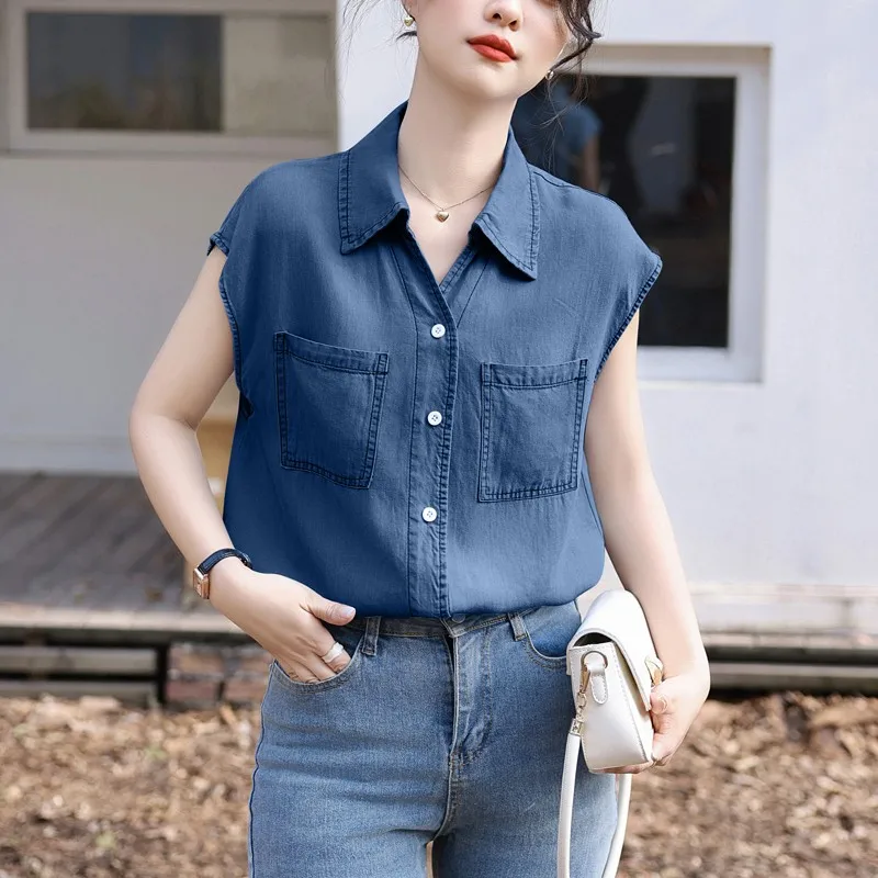 Women Casual Denim Shirt New Arrival 2024 Summer Korean Style Double Pockets Basics Female Sleeveless Tops Shirts B3271