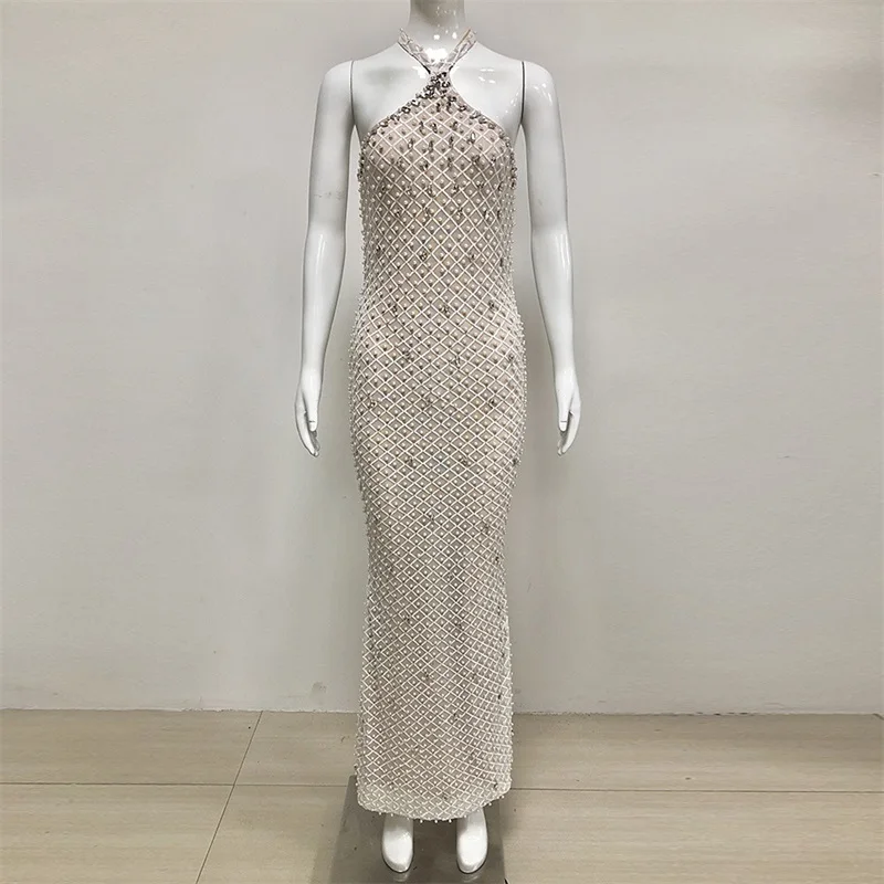Pearls Crystals Luxury Prom Dress Sexy Halter Sleeveless Long Sheath Party Gown Formal Wedding Guest Birthday Evening Robe