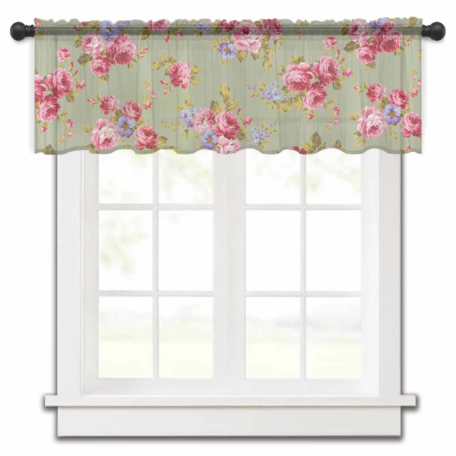 

Retro Watercolor Floral Sage Green Background Kitchen Small Window Curtain Tulle Sheer Short Curtain Living Room Voile Drapes