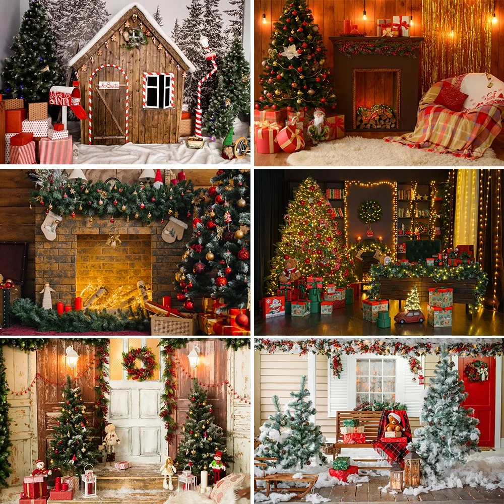 

Bonvvie Christmas Backdrop Fireplace Xmas Tree Gift Portrait Photobooth Photography Background Family Party Decoration Banner