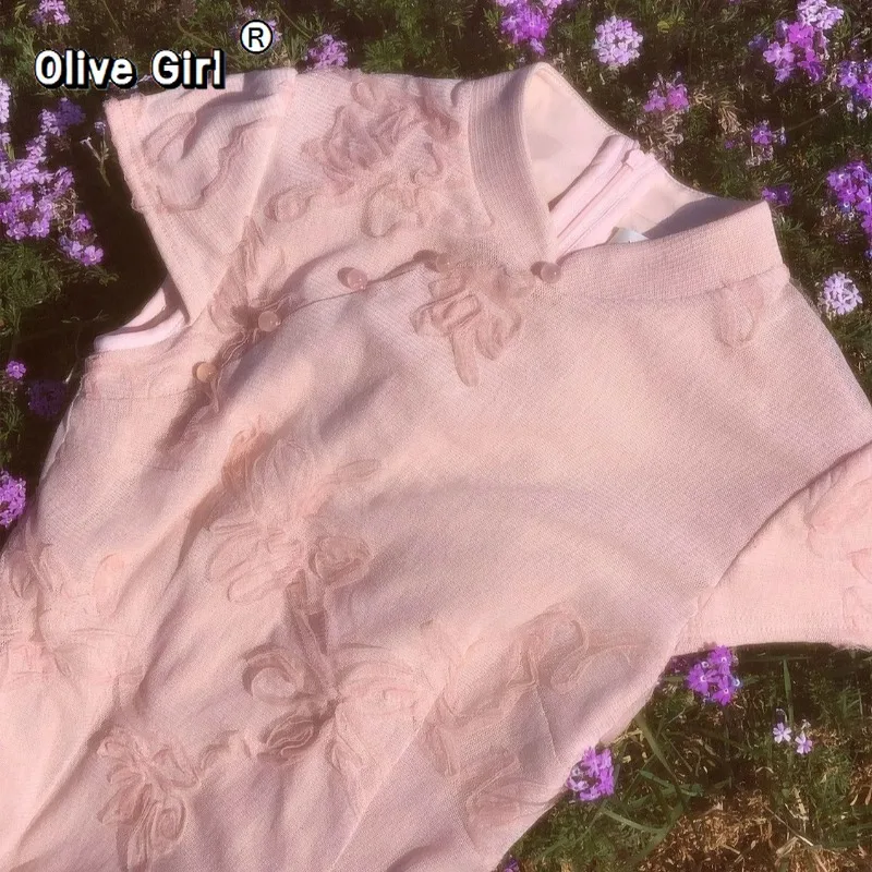 

Olivegirl Pink Dress Chinese 3D Flower Qipao Cheongsams Spring Summer Elastic Mesh Fishtail Dress Women's Clothing