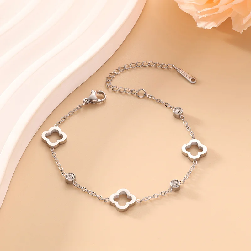 EVISPOL Fashion Stainless Steel Clover Flower Bracelet Set for Women Stylish Gold Color Bangles Earring Piercing Jewelry Gifts