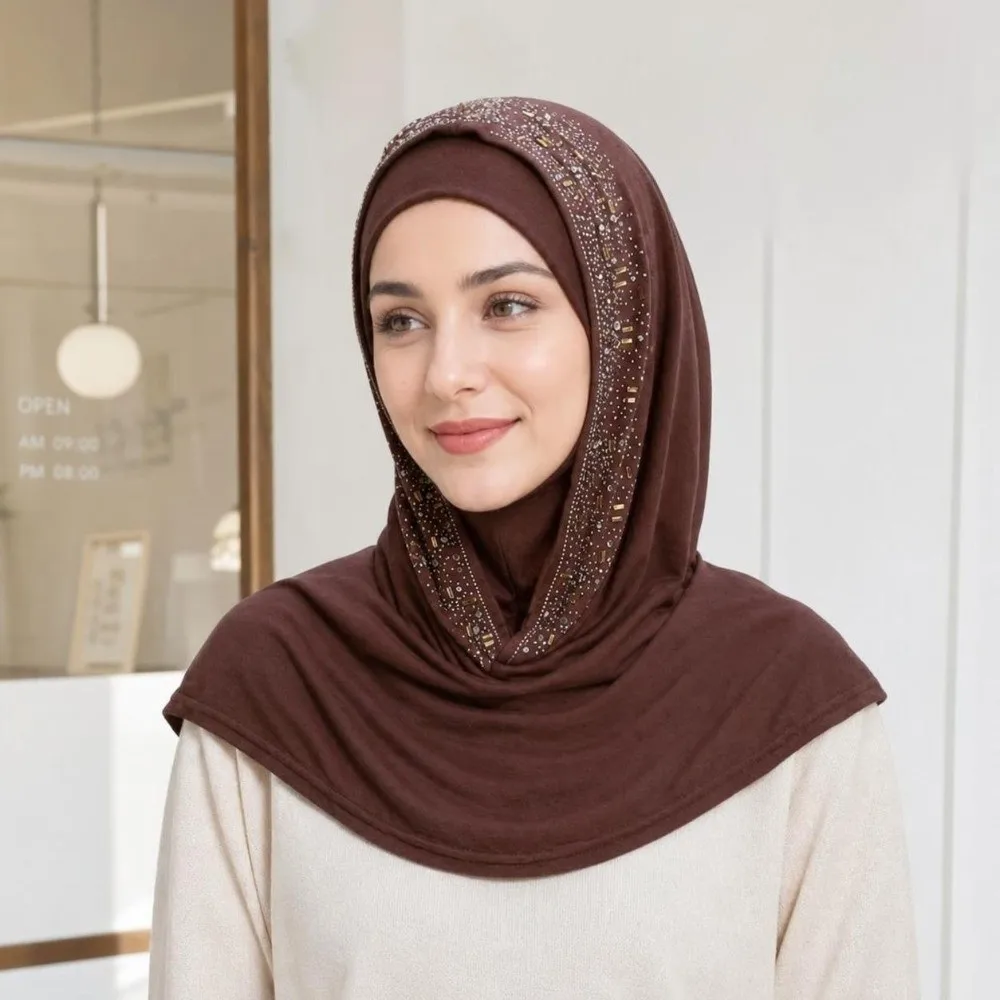 New Rhinestone Decor Instant Hijab Cap Soft Elastic Stretchable Pull on Hijab Breathable Easy Wear Head Wrap Hat Office