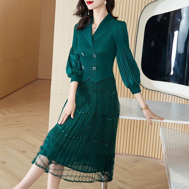 French Spring Green Miyake Pleated Midi Dress Elegant Women Notched Collar Lantern Sleeve Patchwork Mesh High Stretch Vestidos