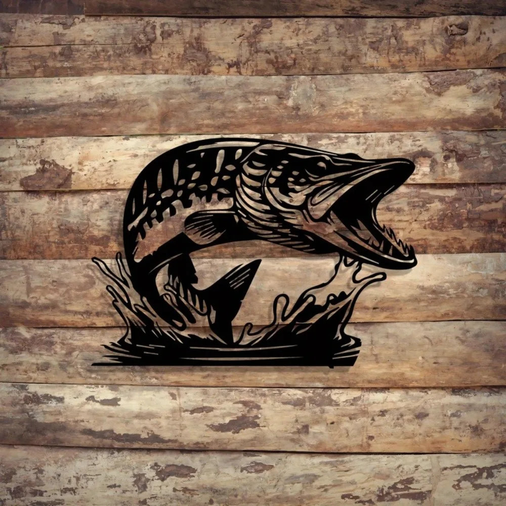 Décoration murale en métal en forme de poisson brochet - Décoration de pêche dynamique pour la cabane des hommes, la cabane de villégiature, cadeau toute l'année