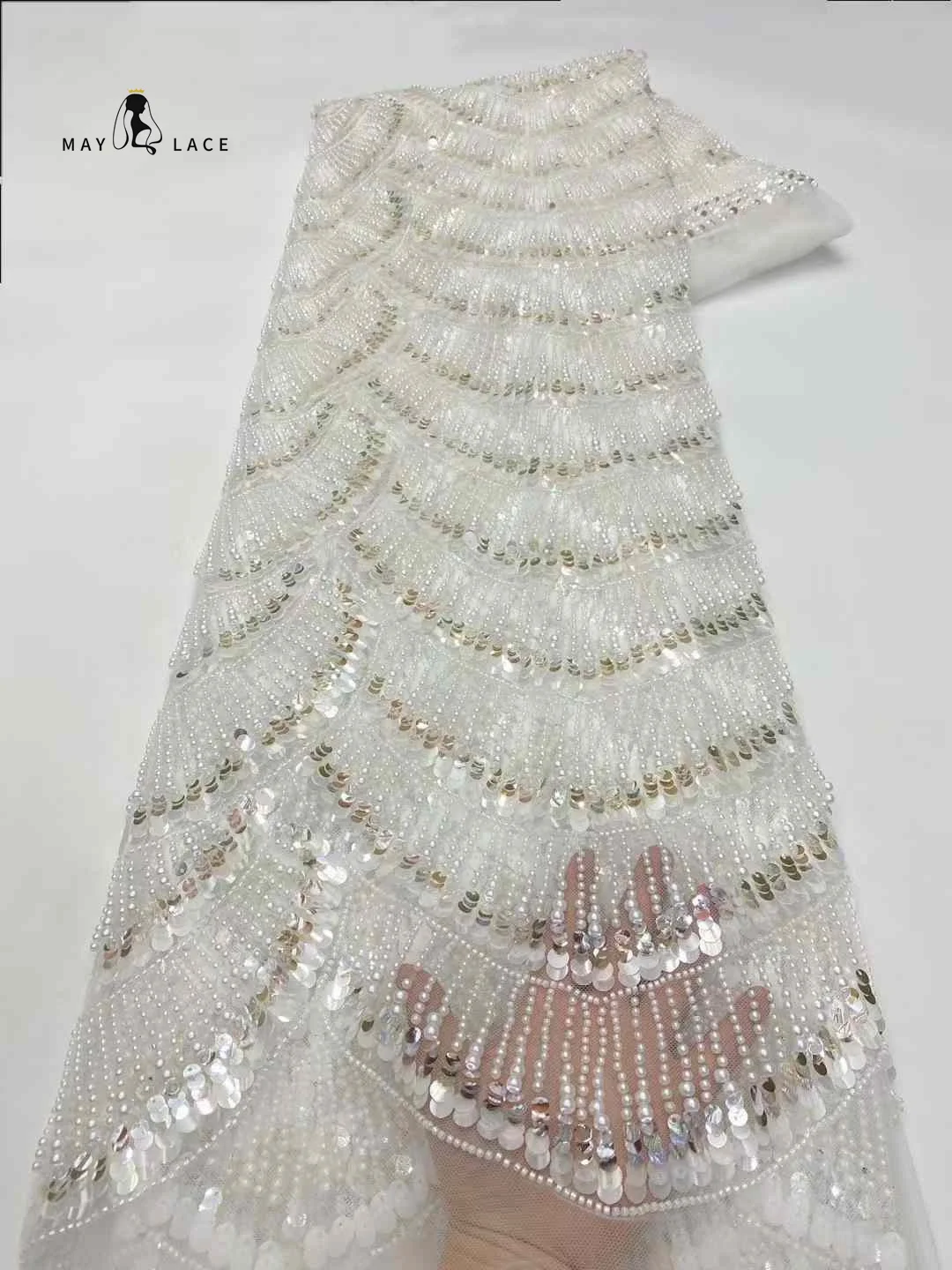 

African Beads Lace Fabric 2024 French Luxury Sequins Lace Fabric Sewing Embroidery Lace Tulle Beads Nigeria Party Dress 5 Yards