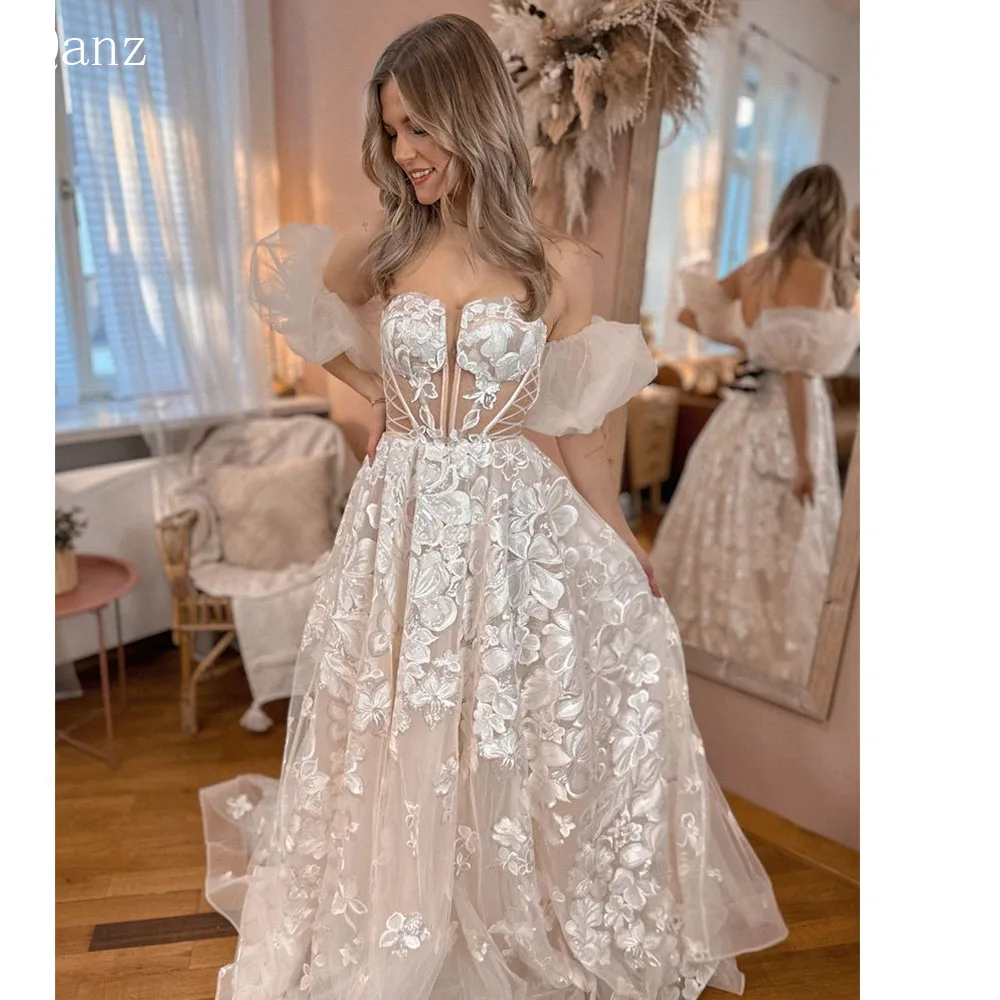 

Qanz Luxury Sweetheart A-line Wedding Dress Boho Applique Women Marriage Bridal Gowns Detachable Puff Sleeves Vestido De Novia