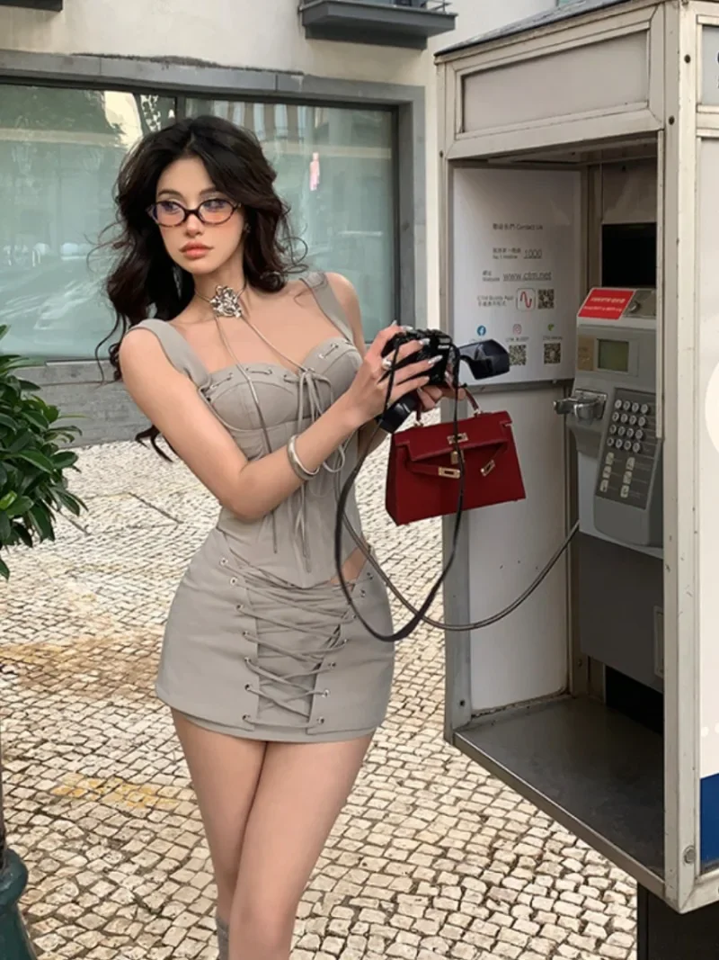 Spicy Girl Lace Up Sling Top Low Waist Skirt Two Piece Set Women Collarbone Sleeveless Solid Slim Summer Fashion Chic Sweet Suit