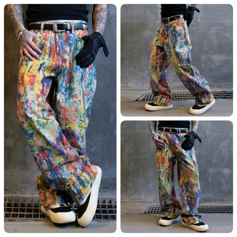 Fashionable color design jeans, men's personality, hip-hop trend, American street style loose wide leg, floor length denim pants