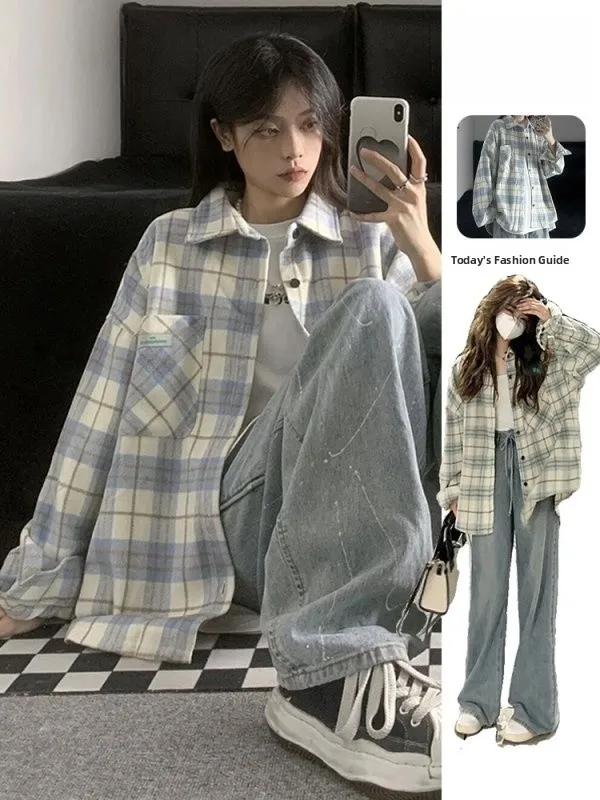 

Женская клетчатая рубашка-куртка с длинным рукавом, новинка 2026 года, тренд ранней весны, элегантный красивый дизайн, корейский стиль, воротник на пуговицах