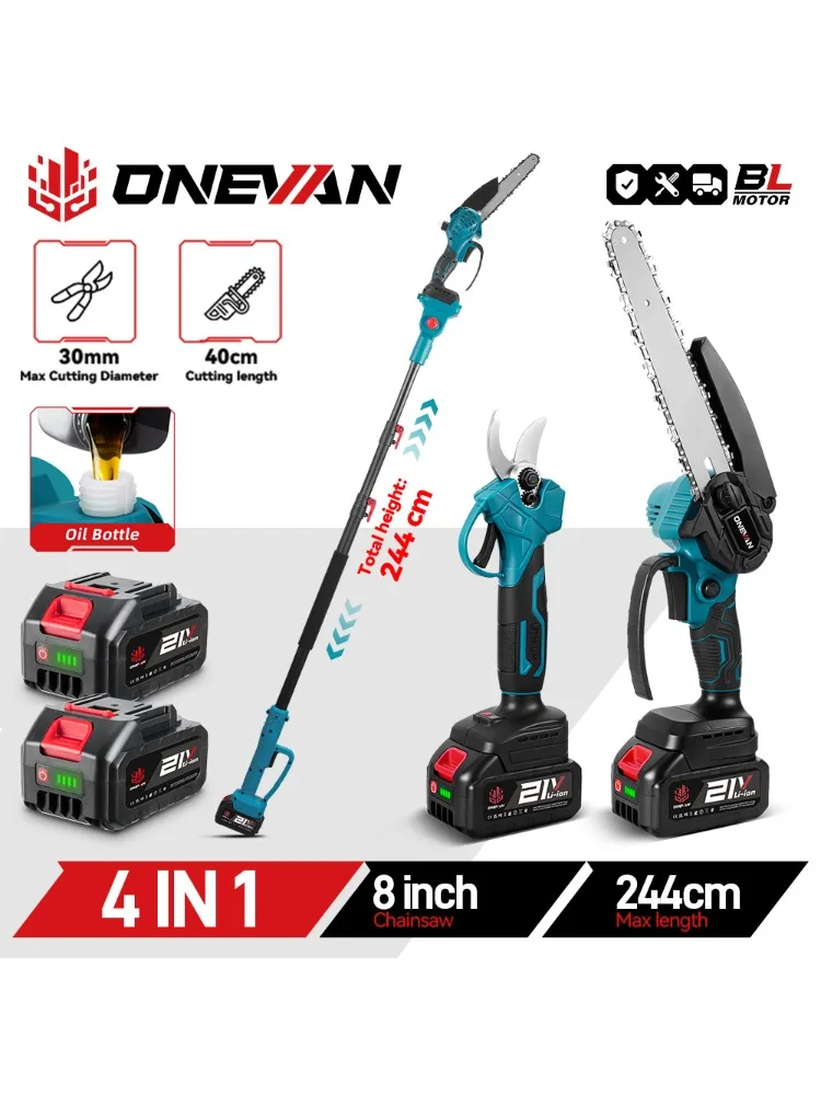 ONEVAN 3500W Bürstenlose Teleskop-Elektrokettensäge 4-in-1 Hochastschere Gartenpflegewerkzeug für 21V 18V Akku