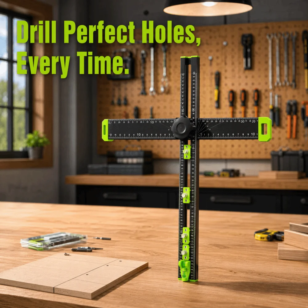 T-Square Ruler Drill Locator DIY Tools 2in1 Cabinet Hardware Jig Built-in Bubble Level High‑precision Woodworking Tools