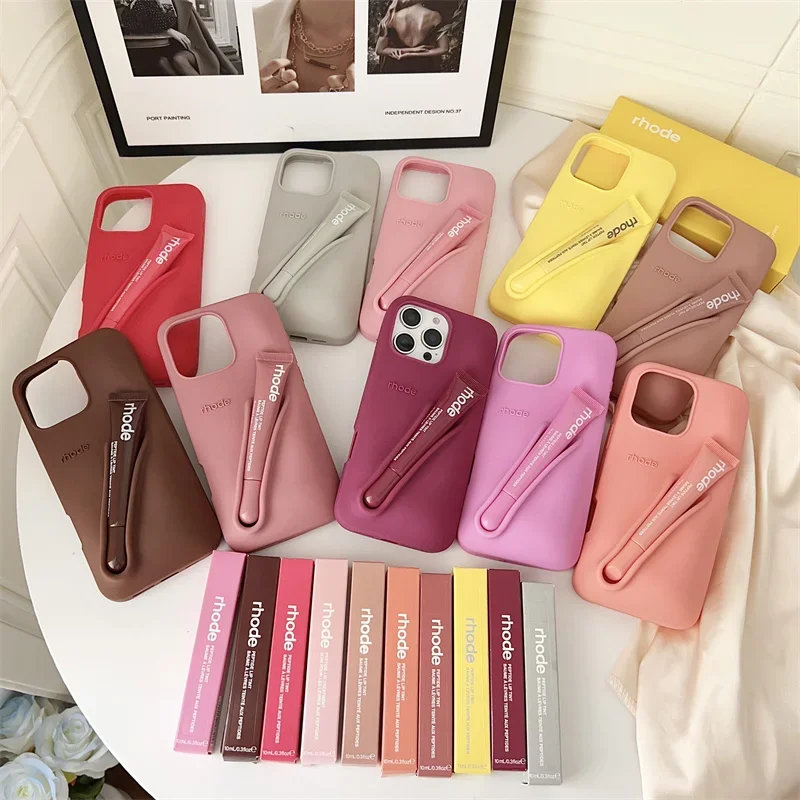 Funda de silicona suave Fashion Rhode DIY con soporte para labial para iPhone 17 16 15 14 13 12 11 Pro Max Plus Air, cubierta trasera con soporte para teléfono