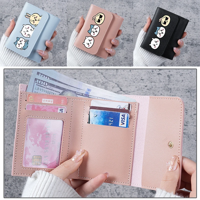 Chiikawa Short Wallet Mini Women Wallets Cartoon Photo ID Card Holder PU Leather Foldable Female Coin Purse Small Change Bag