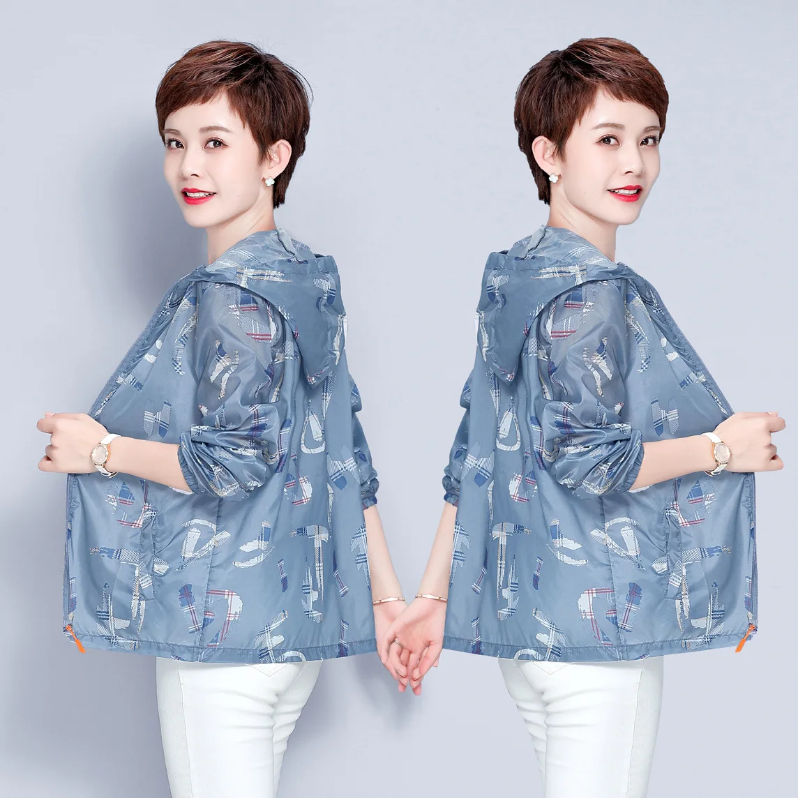 Mature Women's Fashion Sun Protection Clothing Travel UV Protection Summer Thin Outerwear Loose plus Size Hooded Women's Coat