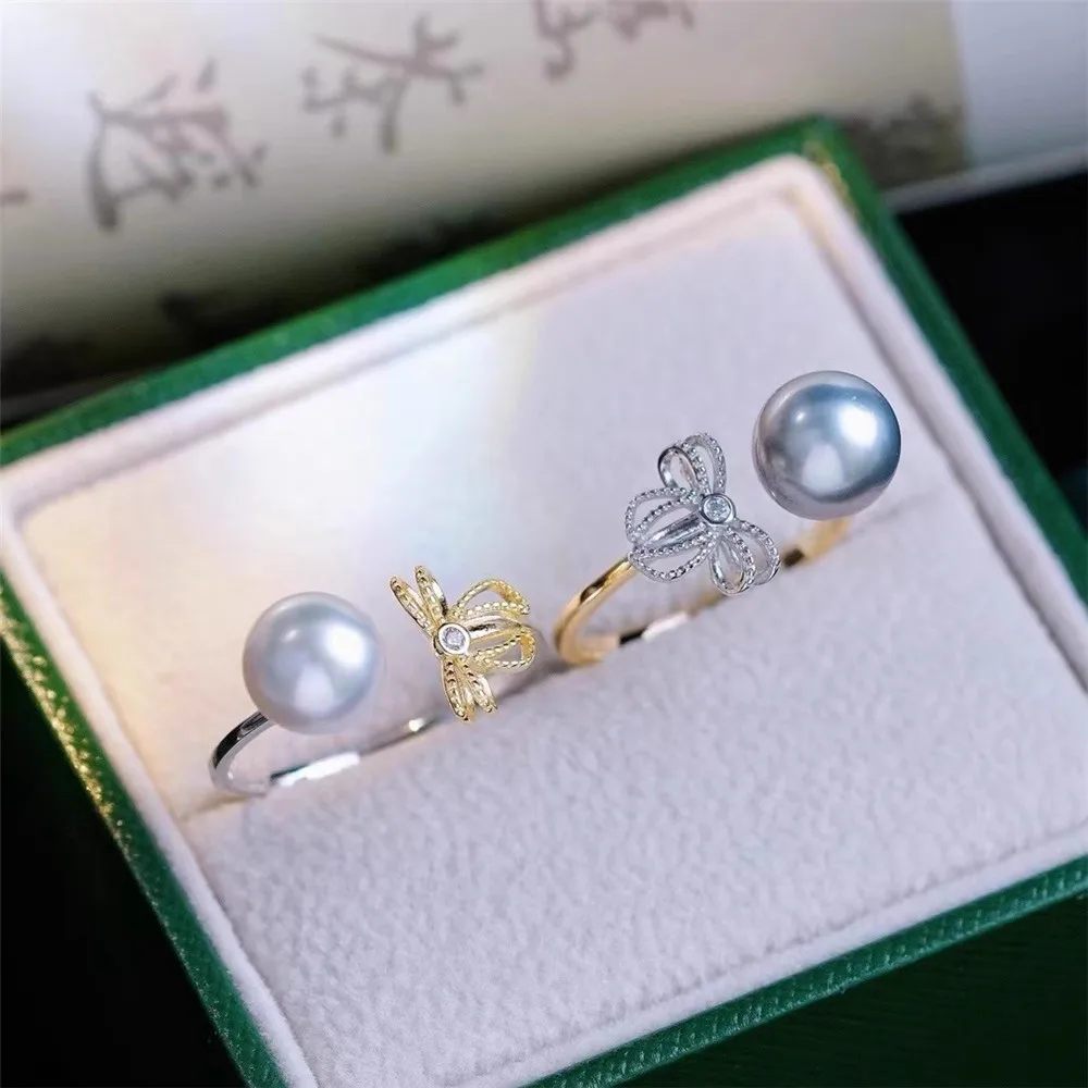 

S925 Silver Sterling Ring Inlaid Zirconia Half Hole Pearl Ring Base Resizable Design DIY Handmade Fine Jewelry Ring Accessories
