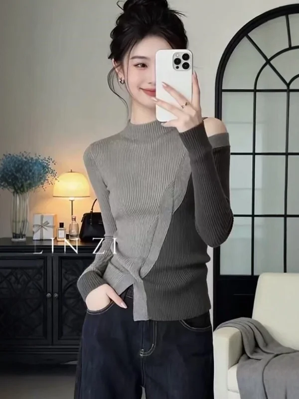 

Женский повседневный облегающий вязаный свитер с открытыми плечами и длинными рукавами из мягкой ткани, с цветовыми блоками, базовый топ для больших размеров