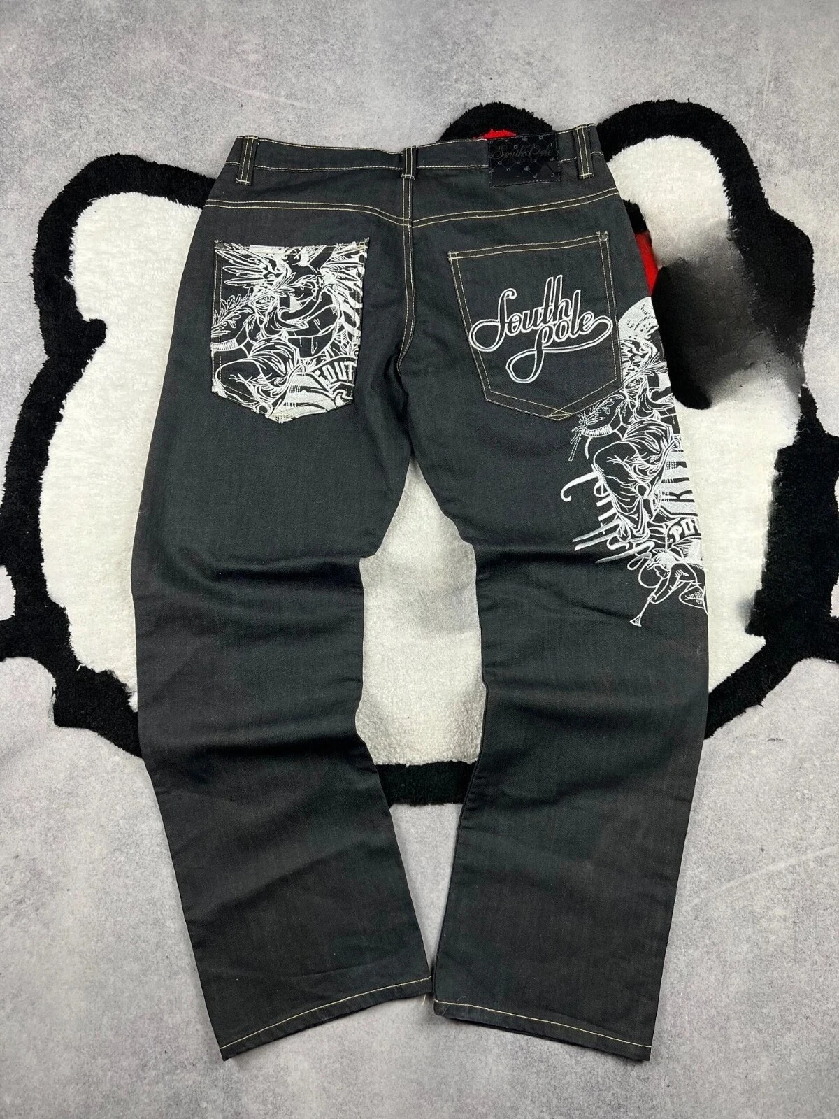 Vintage SouthPole Baggy Rap Naw Tide Logo Y2K جينز هاي ستريت جيوب متعددة السراويل الشاملة #1